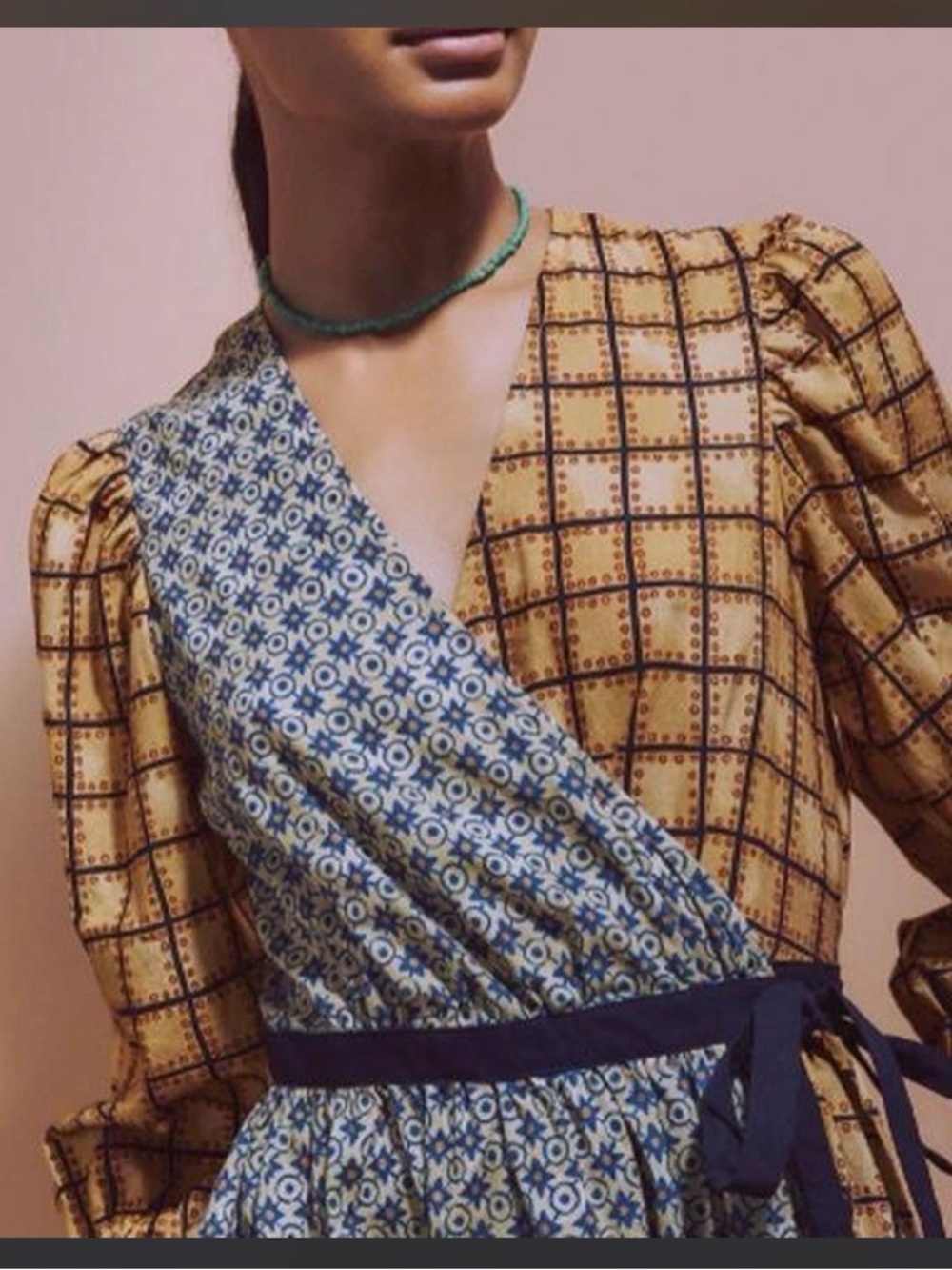 Ciao Lucia Mixed-Print Wrap Dress in Mustard and Blue Floral-Geo